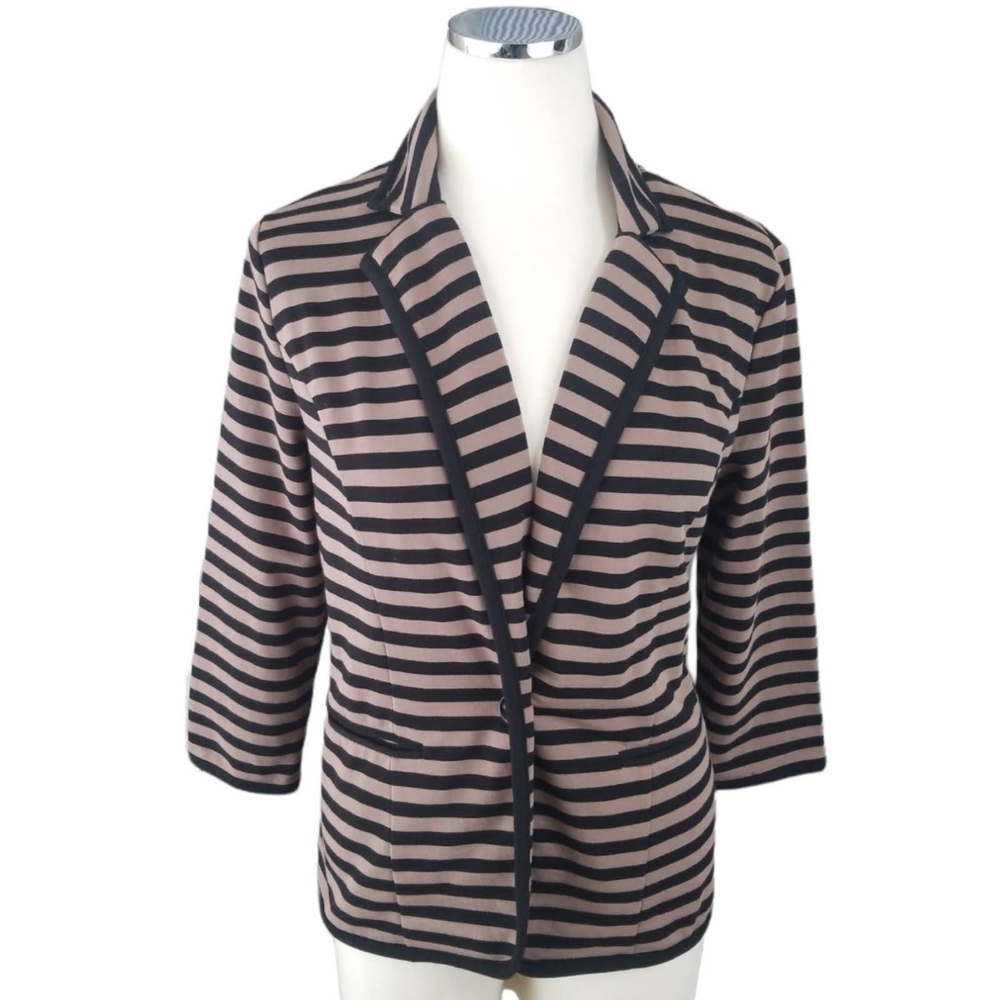 Cynthia Rowley Knit Blazer Jacket Medium Black Tan Striped 3/4 Sleeve Casual